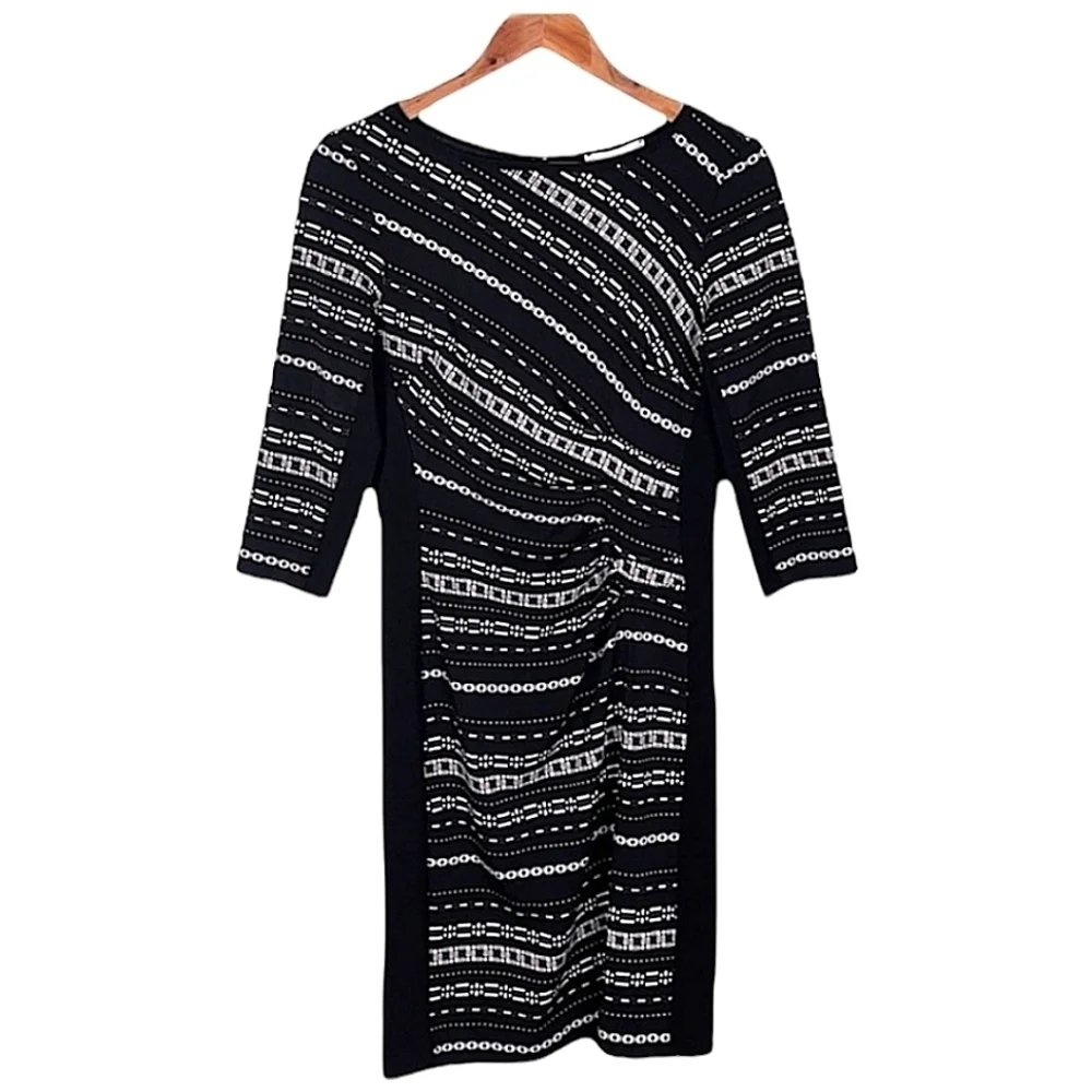 Joseph Ribkoff Chain Print Sheath Dress Size 8 3/4 Sleeve Ruching Dressy Career